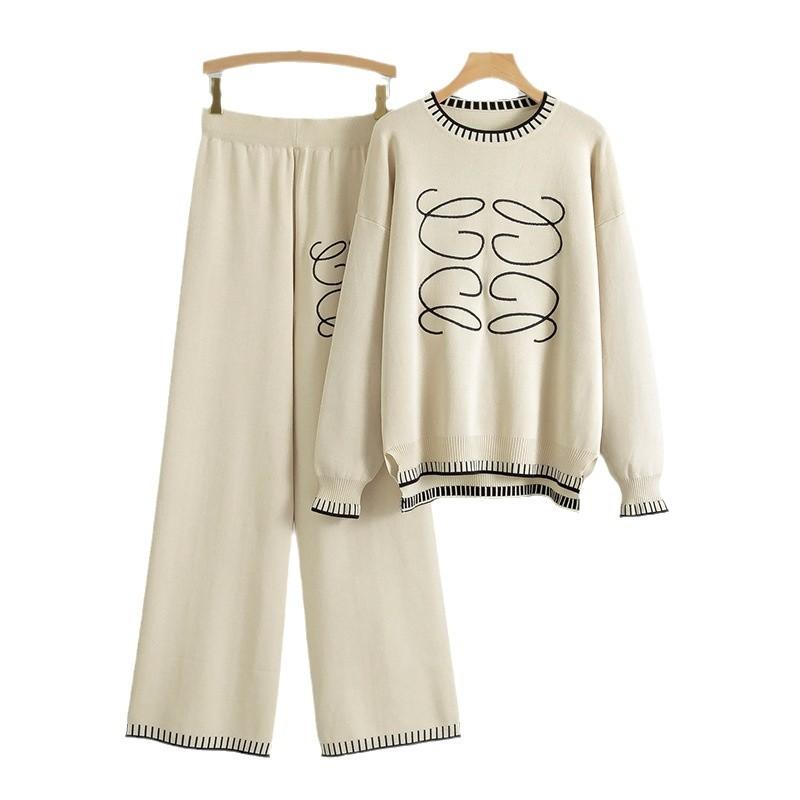 Women's Plus Size Autumn New Two-piece Fashion Casual Wide Leg Pants Loose Round Neck Simple Knit Suit