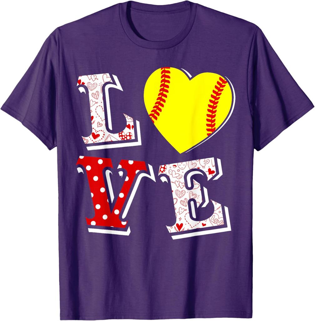Softball Love Heart Valentine Day Graphic Tee Breathable Cotton T-Shirt for Women Men