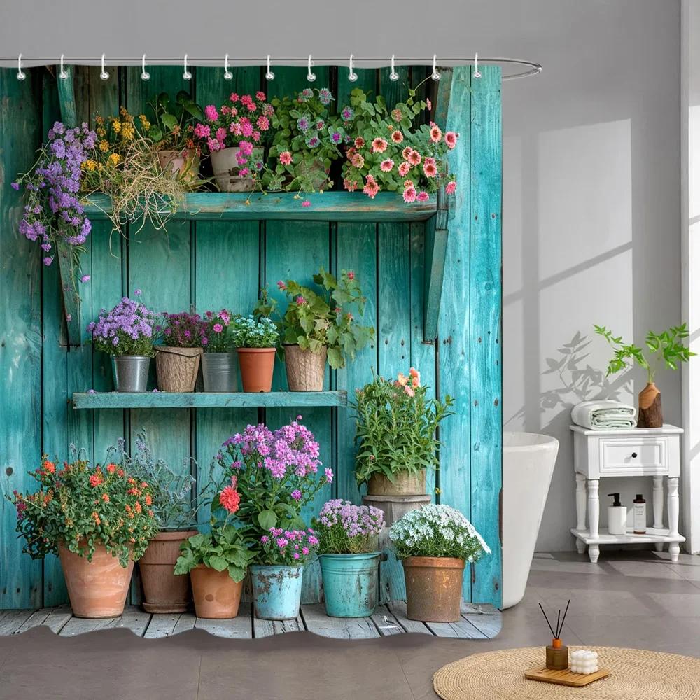 Utomhus Trädgård Affisch Duschdraperi Vintage Fönster Vägg Odla Blommor Polyestertyg Duschdraperier Badrumsdekor