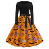 Women's Casual Halloween Print Dress Long Sleeve Round Neck Vintage Style Midi Dress with Waist Tie for Seasonal Festive Wear