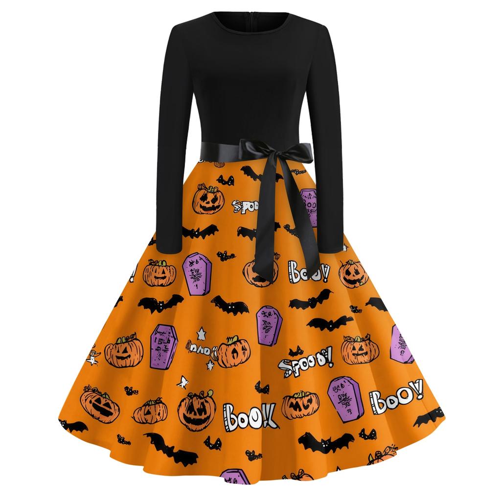 Women's Casual Halloween Print Dress Long Sleeve Round Neck Vintage Style Midi Dress with Waist Tie for Seasonal Festive Wear
