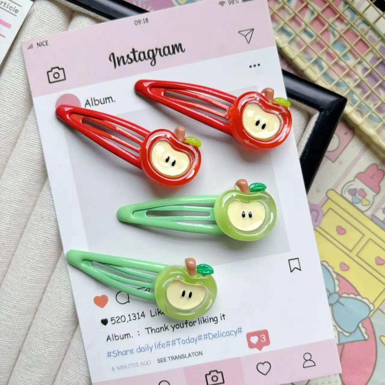 

4Pcs Cute Apple Simulated Fruit Hair Clips For Girls Sweet Side Hairpins Broken Hair Accessory Bb Clip Ins Headwear