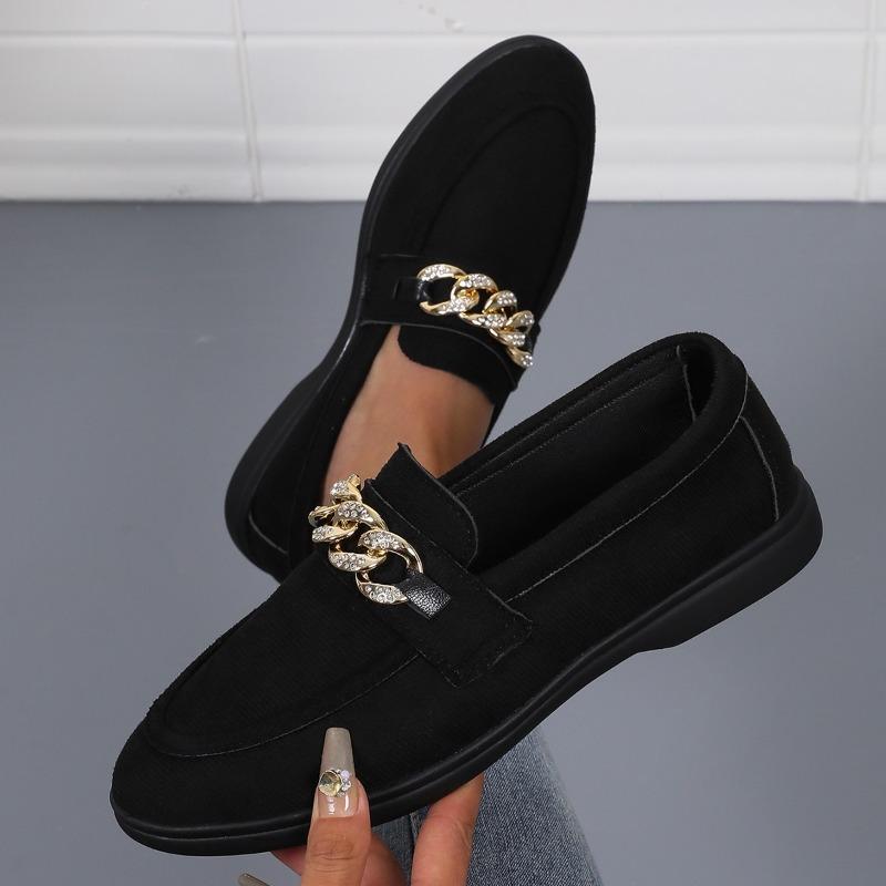 Women's Flat Shoes Spring New Round Head Deep Mouth Suede Metal Chain Soft Sole Anti-slip Wear-resistant Single Shoes