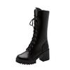 Fashion Women's Spring Autumn Single Boots Thin Thick soled Height increasing Strap up Boots Versatile Mid length Retro Women's Shoes