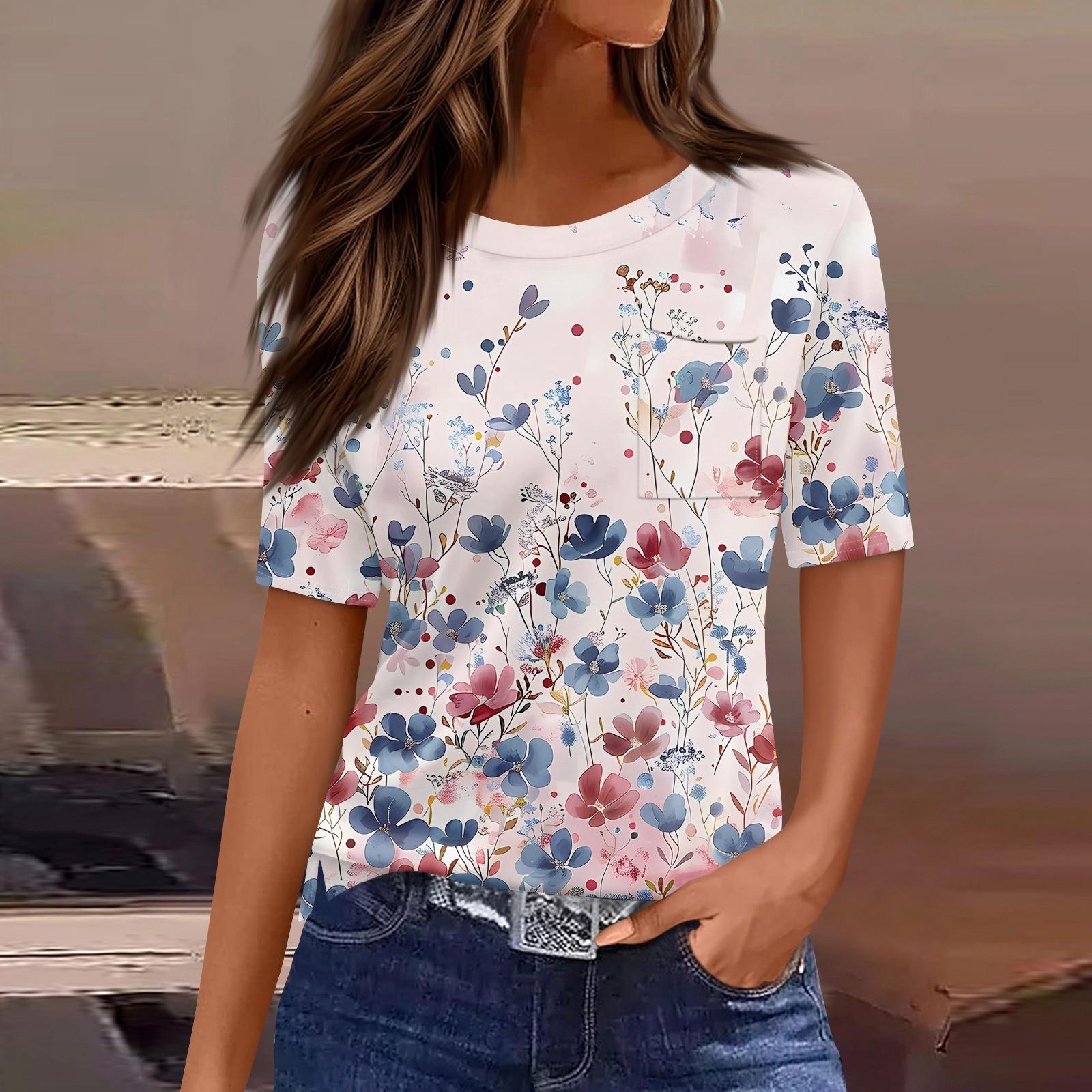 

Футболки для женщин с круглым вырезом, нарядные повседневные блузки с принтом, короткие рукава, летние топы свободного кроя XL