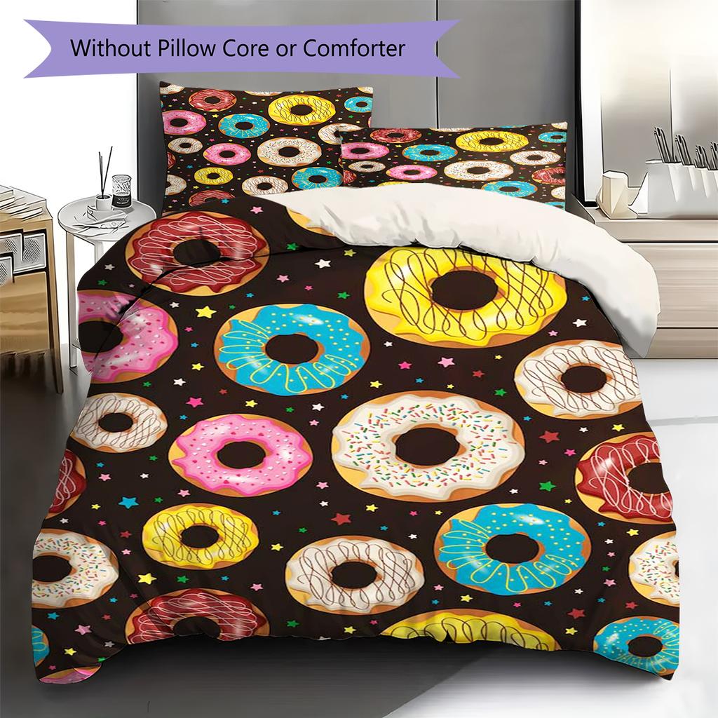 Pościel z wzorem kreskówkowych pączków Zestaw kołdry Poszewka na kołdrę Poszewka na poduszkę Dekoracja domu Prezent (1 * poszwa na kołdrę + 2 * poszewki na poduszki, bez rdzenia)