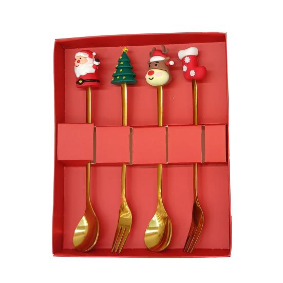 Nerezová vánoční sada lžiček s motivem stromku, Santa Clause a hvězdy, lžičky na míchání kávy, slavnostní kuchyňské náčiní s dárkovou krabičkou