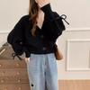Autumn and Winter New Casual Loose V-neck Knitted Cardigan Sweater Women's Long-sleeved Bow Tether Short Top