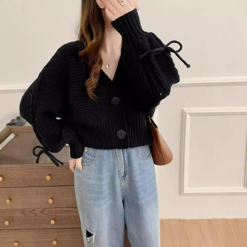 Autumn and winter new casual loose V-neck knitted cardigan sweater women's long-sleeved bow tether short top
