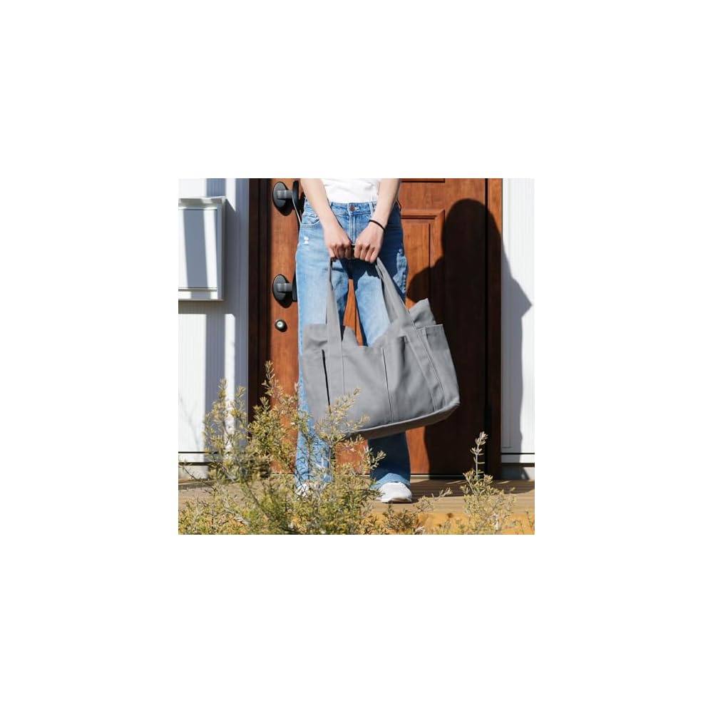 pieka Large Tote Bag, A3 Compatible, 6 Pockets, Canvas, Gray