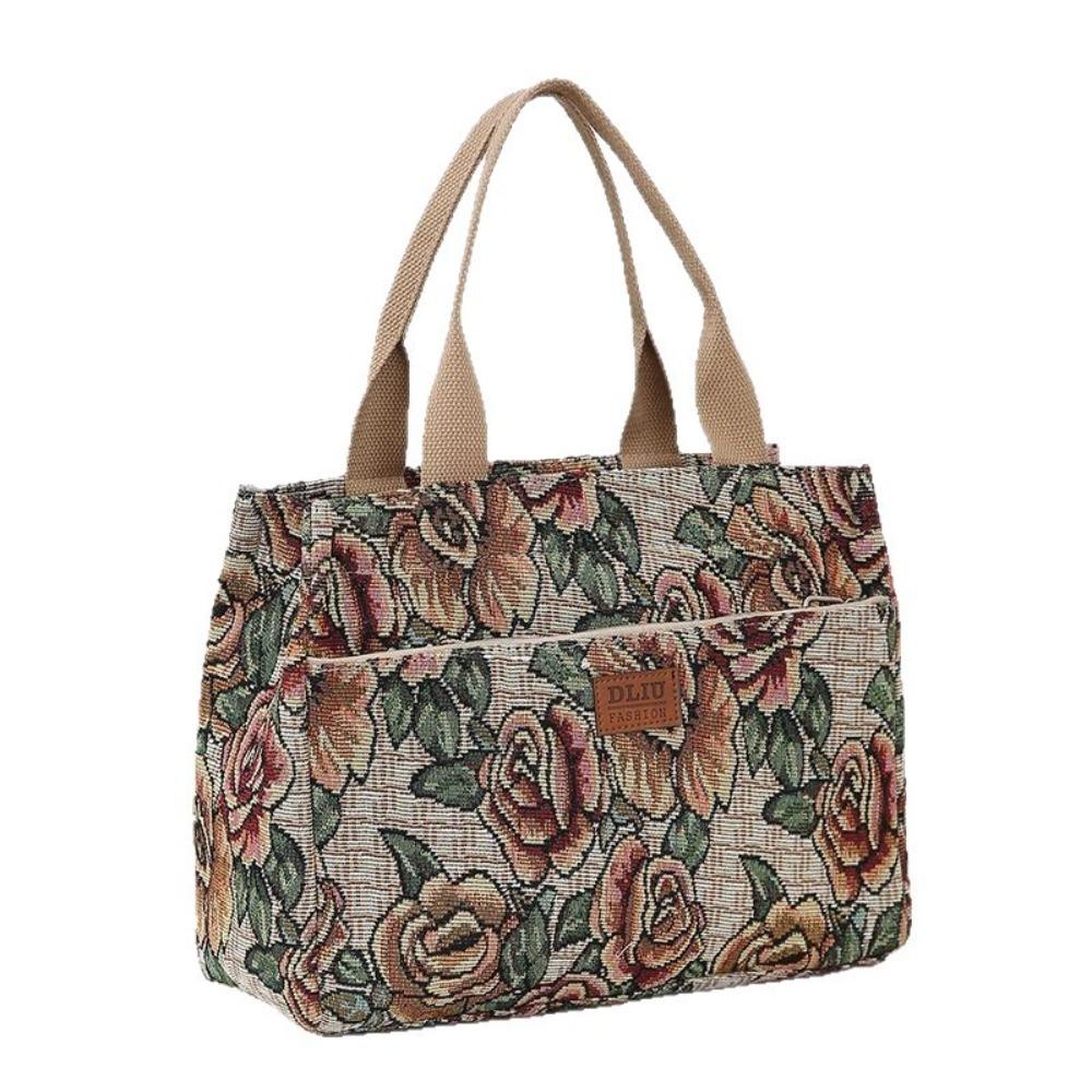 Portable Floral Print Women's Tote Bag Canvas Thickened Lunch Bag Large Capacity Zipper Jacquard Handbag