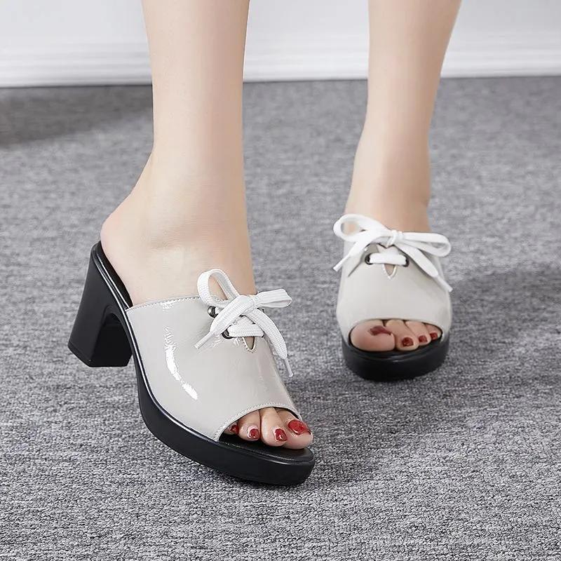 

Fashion GKTINOO Fashion New Split Leather Slippers Anti-skid Summer High Heels Bowknot Sandals Mom Shoes For Outside 42