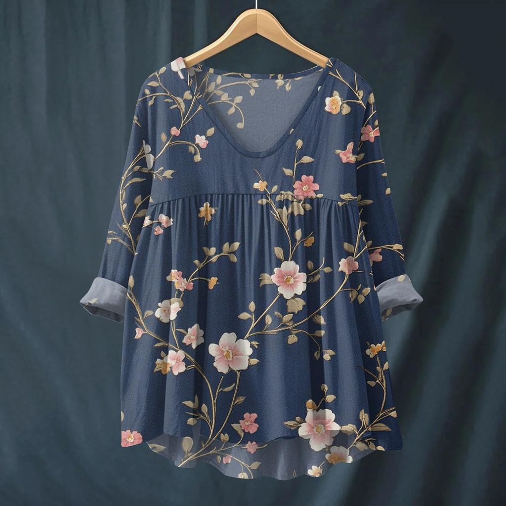 Women's Fashionable And Casual Shirt Long-sleeved V-neck Print Cotton And Linen Blouse