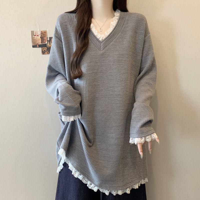 Plus Size Korean Patchwork V-Neck Long Sleeve Sweater - Women's Autumn/Winter Loose Fit Fashion Top