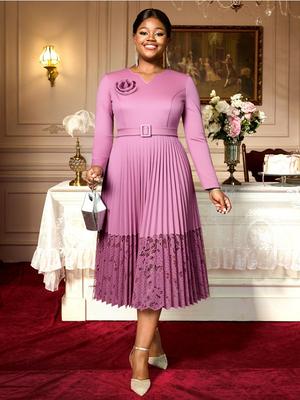 Elegant Women A Line Pleated Midi Dress V Neck Long Sleeve 3D Flower Sashes Patchwork Lace Church Party Autum Occasion Plus Size