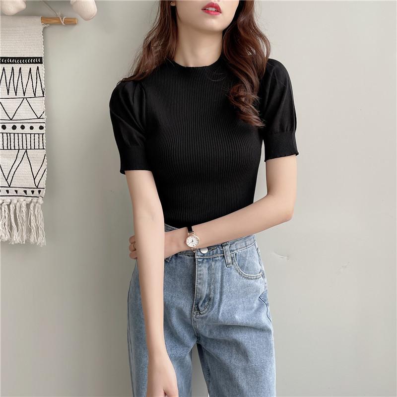 New Korean Style Half Turtleneck Puff Short-sleeved Knitted Top for Women Summer Thin Slim Fit T-shirt Bottoming Shirt
