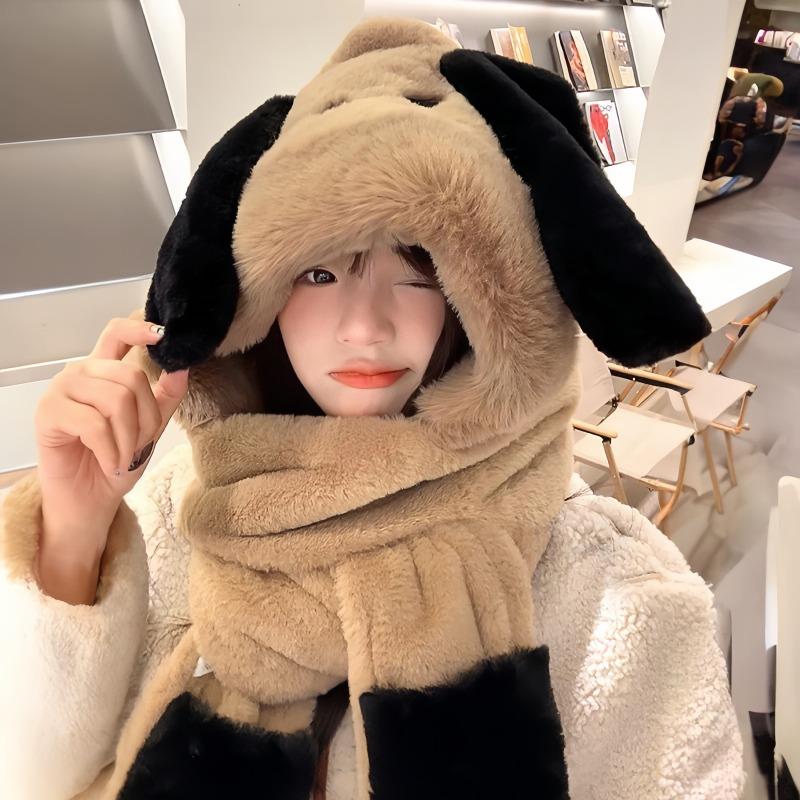 New cute plush hat scarf gloves integrated hat women's autumn and winter cartoon warm cycling thickened ear protector