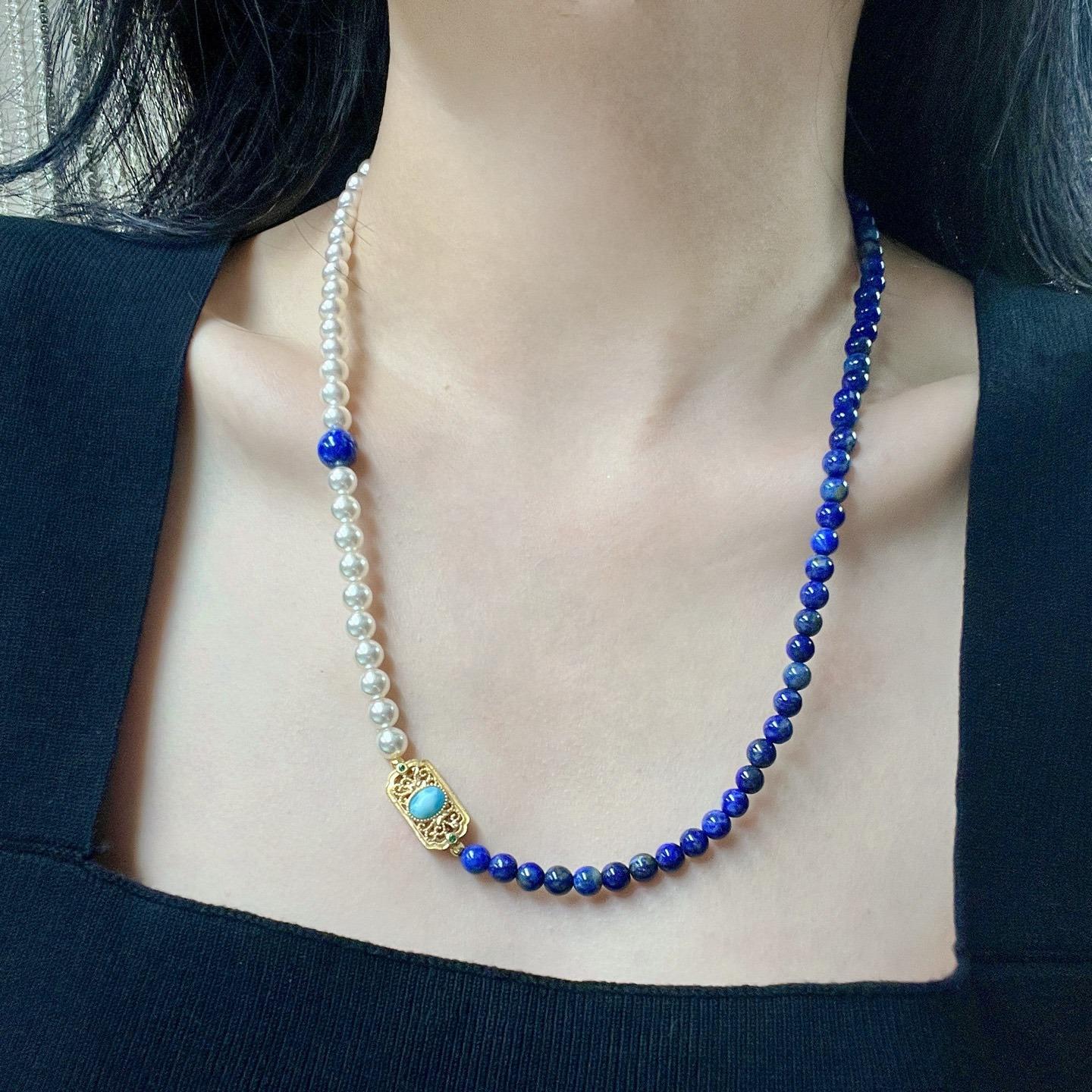 High Quality Haute Couture Natural Lapis Lazuli High Gloss Artificial Crystal Pearl Design Necklace Collarbone Chain