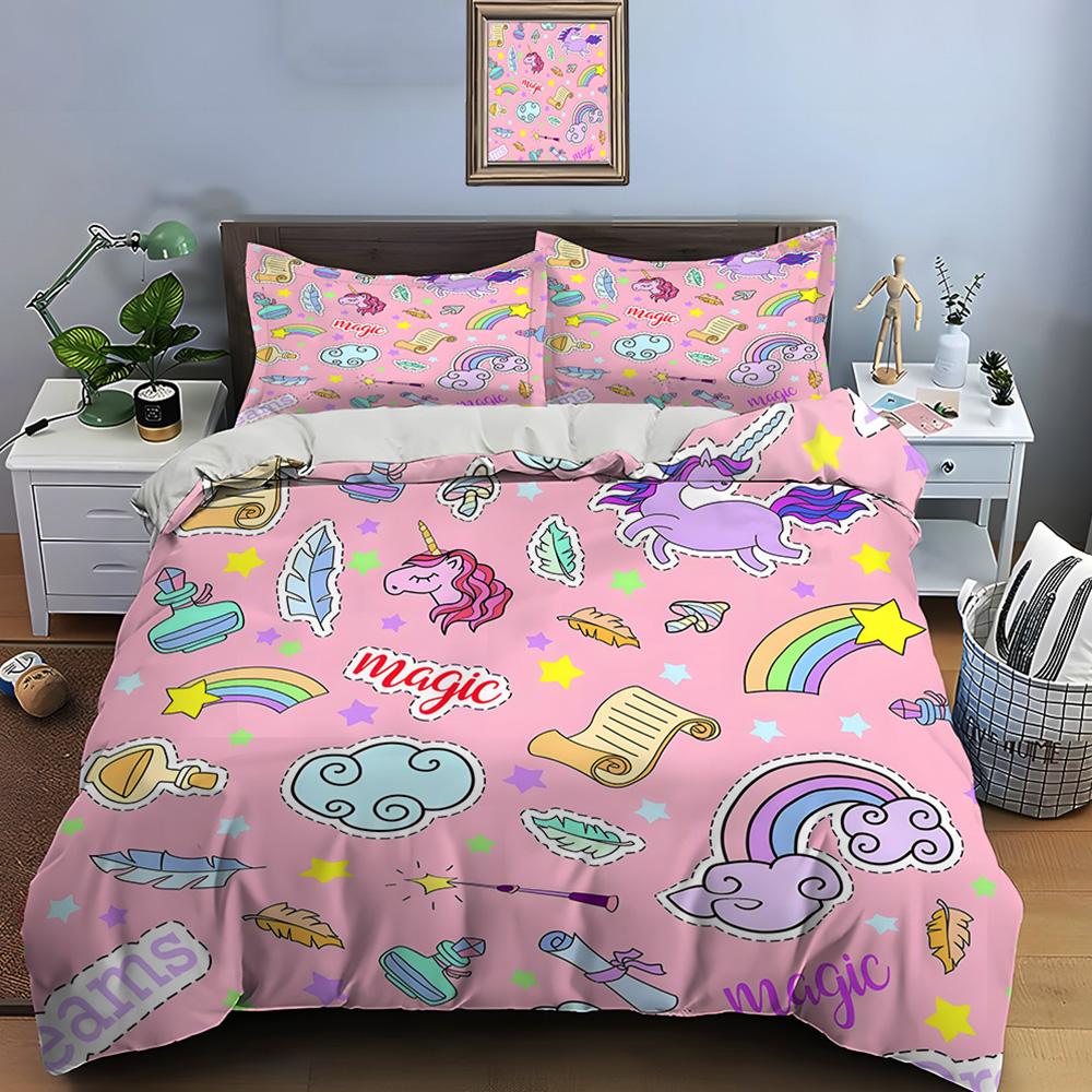 Dreamy Unicorns And Magical Elements Print Bedding Set 1 Duvet Cover 2 Pillowcases For Adult And Children Luxury Gift Full Size
