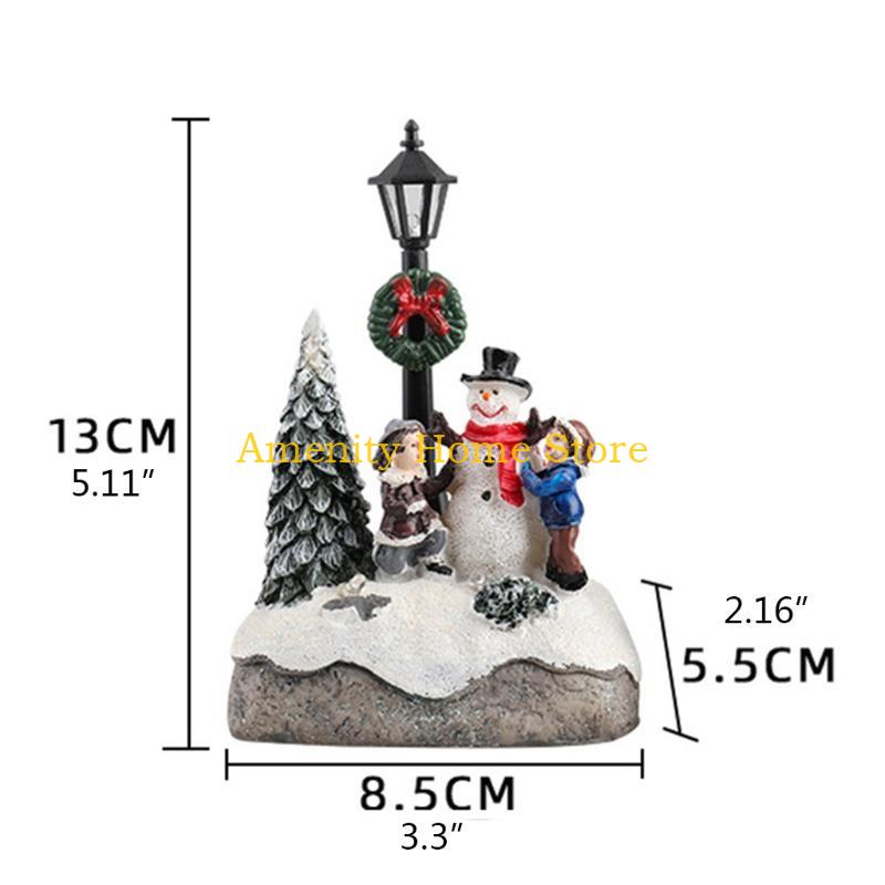 F26C Christmas Village Scene Xmas Tree Snowman Resin Ornament with LED Light Animated Street Lamp Miniature Statue Decoration