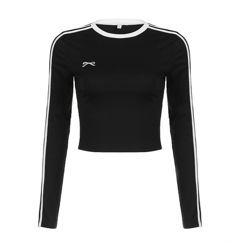 

Вышитый двухцветный кроп-топ с круглым вырезом и бантом - Трендовый уличный стиль с длинным рукавом Medium чёрный