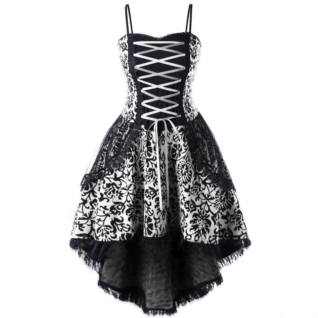 Vestido Vintage de Talla Grande con Tirantes de Encaje y Lazos con Dobladillo Irregular