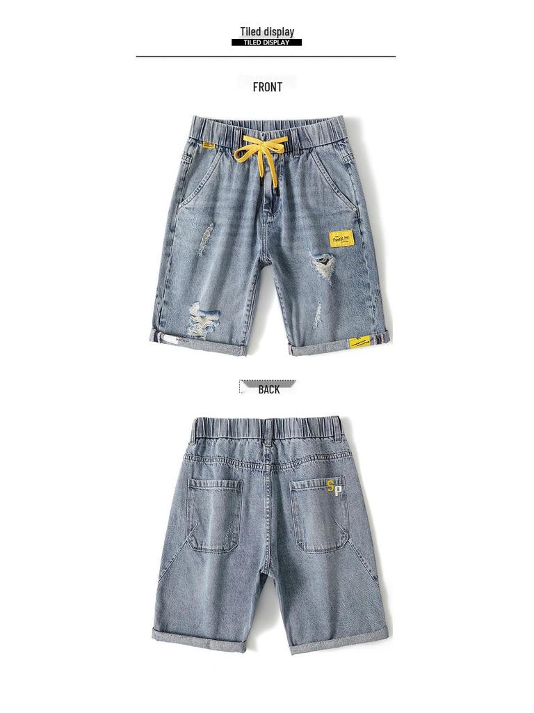 Pantaloncini di Jeans Elasticizzati Trendy Strappati da Uomo - Estivi a Cinque Punti di Media Lunghezza