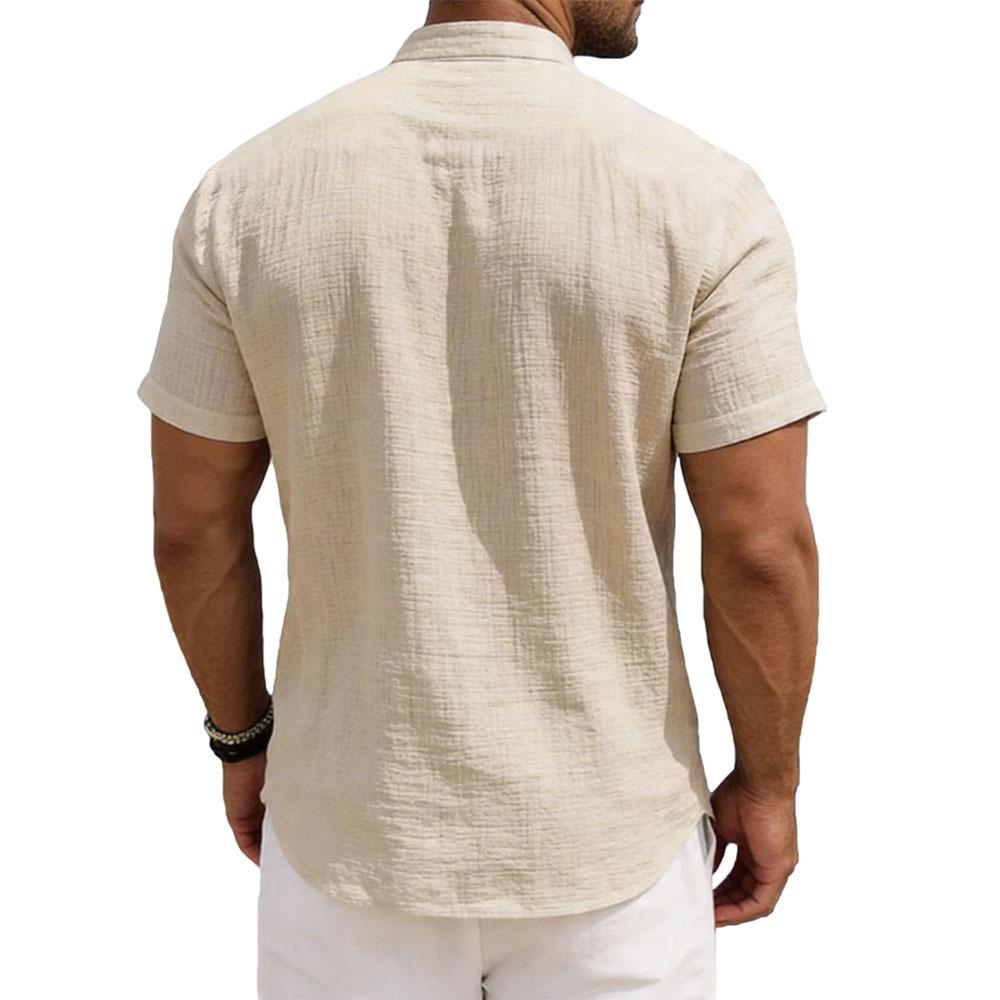 Men's Mandarin Collar Short Sleeve Linen Henley Shirt 2 Button Placket Breathable Textured Casual Summer Beach Tunic Top