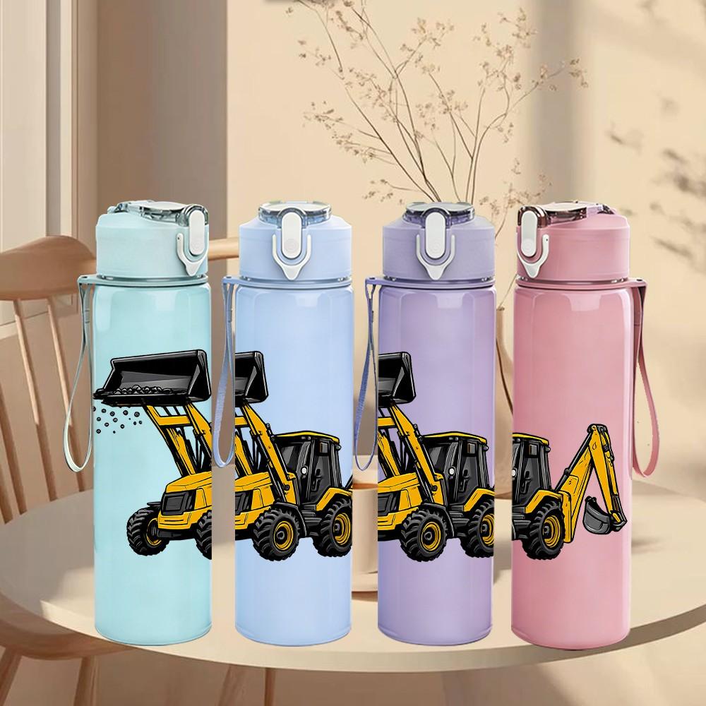 1PC Yellow Excavator Machine Pattern 750ml Color Plastic Sports Water Bottle Leakproof Flip Straw Lid Suitable for Sports Office Home Use