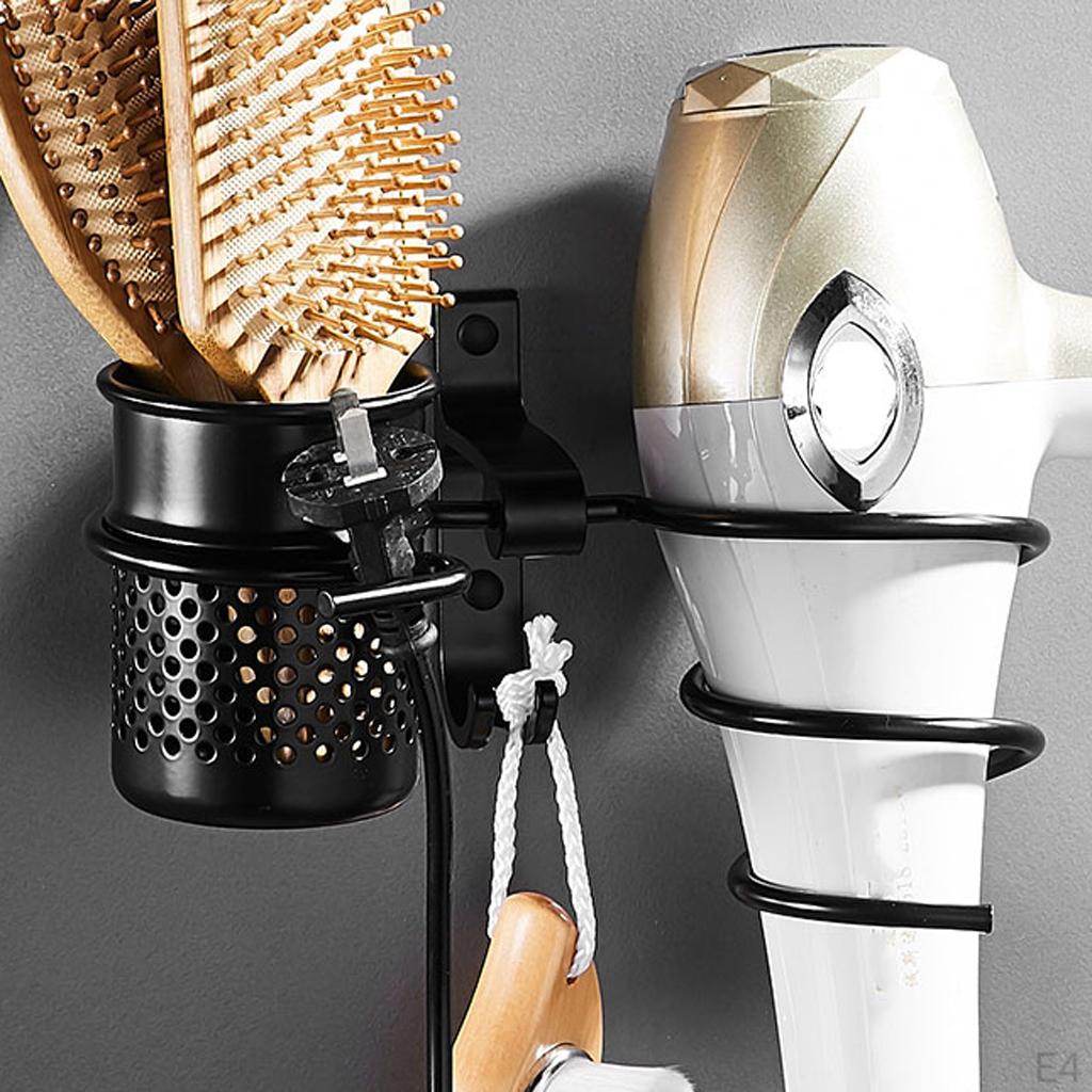 Wall-Mounted Hair Dryer Holder Comb Brush Organizer Cup Rack