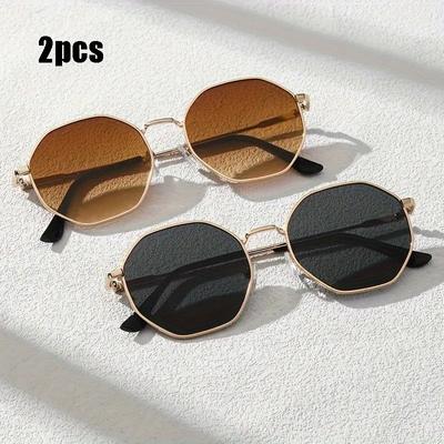 2 stuks Polygonale Metalen Mode Zonnebrillen voor Dames Heren Casual Gegradueerde Brillen voor Strandfeest Luxe Rijden Reizen Oogbescherming