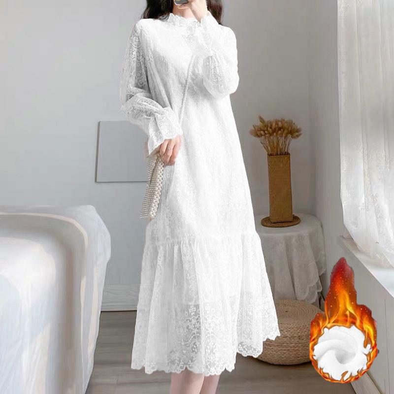 Autumn/Winter Lace Dress: Fleece-Lined, Long-Sleeve, Mid-Length, Elegant Fairy Style for 2025