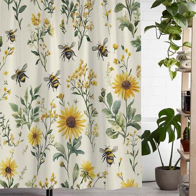 Sunflower and Bee Pattern Shower Curtain - Waterproof Bathroom Decor with Floral Pattern, Polyester Fabric, for Bathroom Decor