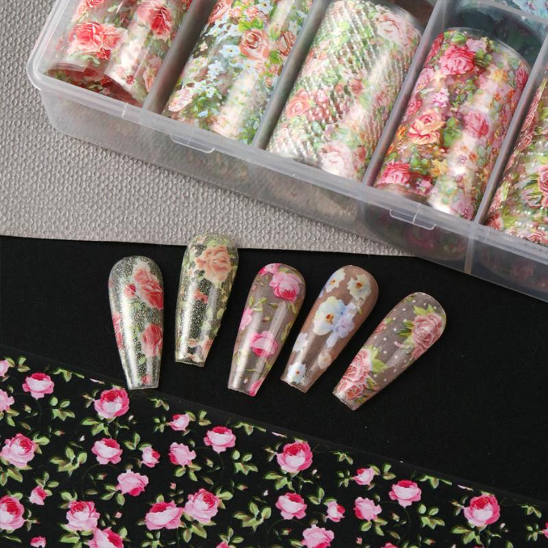 10 Rolls Flower Rose Nail Foils For Transfer Paper Floral Sliders Butterfly Nail Art Stickers Decal Nail Art Decorations