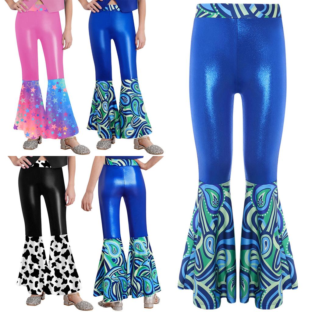 Jenter Diskokostyme Lappeteppe Trykte Bukser Skinnende Metallisk Elastisk Midje Klokkebunn Design Rollespillfester