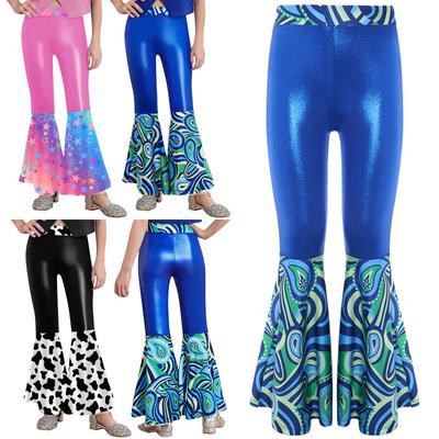 Costume Disco pour Filles Pantalon Imprimé Patchwork Brillant Métallique Taille Élastique Design Bas Évasé Soirées Jeux de Rôle
