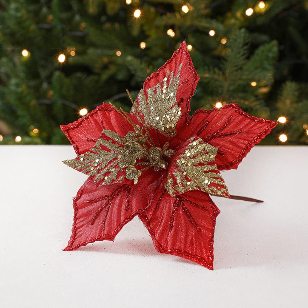 Fabric Plastic Christmas Artificial Flowers 24cm DIY Decoration Fake Flower Ornaments 5 Colors Xmas Tree Decorations New Year