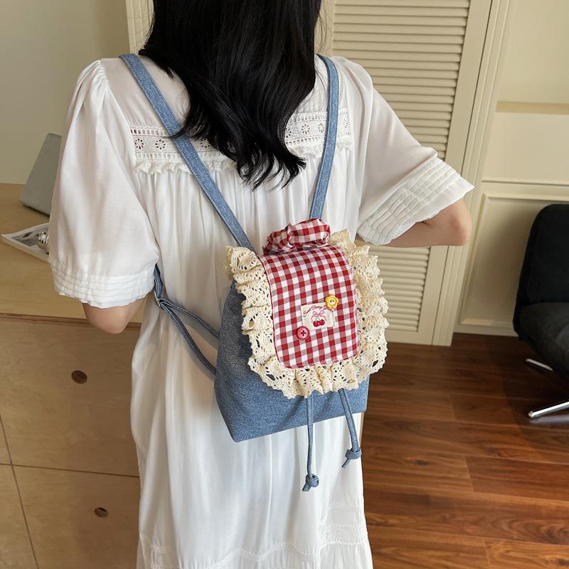 Korean Lace Plaid Backpack 2025 New Niche Design Fluffy Ruffle Edge Mini Cherry Plaid Backpack