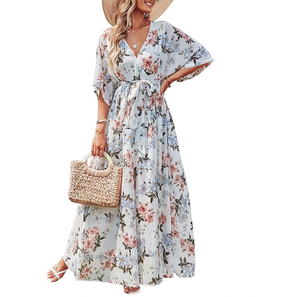 

Women’s Summer Loose Boho Flowy Wrap V Neck 3/4 Sleeve Floral Print Slit Beach Wedding Guest Long Maxi 2XL жовтий