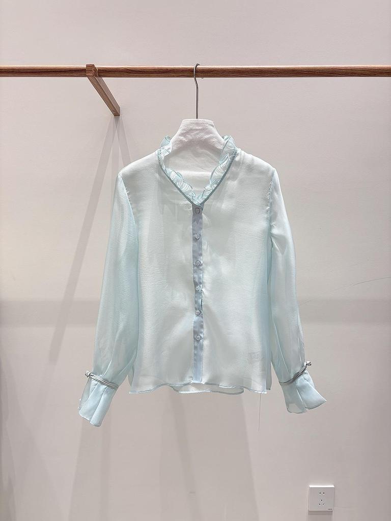 Zhi Hetang Retro Silk V-Neck Ruffled Long-Sleeve Blouse
