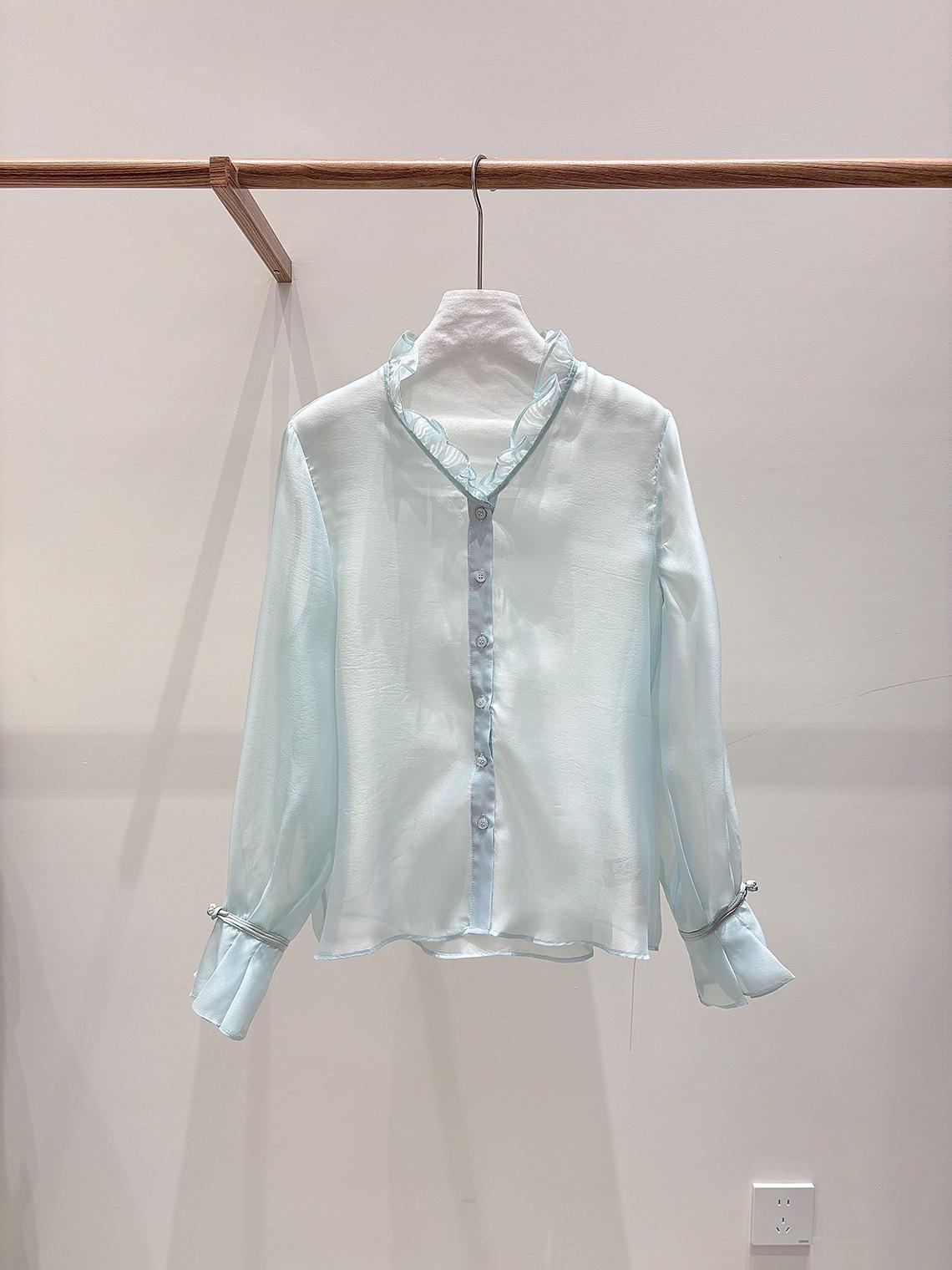 Zhi Hetang Chinese Silk V-neck Ruffle Long Sleeve Top - Artistic Retro Style Medium