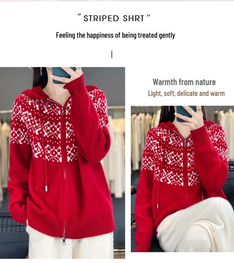 Women's Fair Isle Wool Knit Hooded Cardigan - Double Zipper, Korean Style, Autumn/Winter