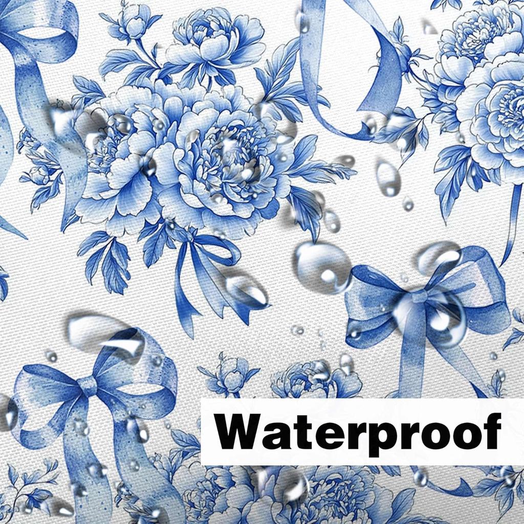 Floral Shower Curtain, Vintage Blue Bow Floral Aesthetic Bathroom Decor Curta, Modern Chinoiserie Vintage Peony Shower Curtain Set with Hooks,