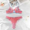 Women Sexy Pink Eyelash Lace Sheer Lingerie Set With Push Up Bra