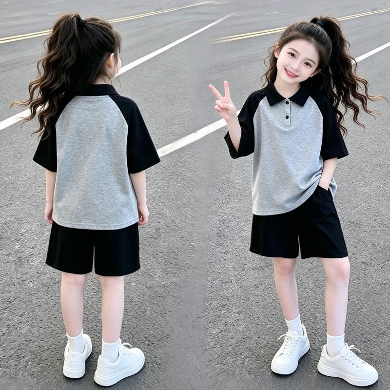 Korean-Style Girls' Color Block Lapel Polo Shirt & Shorts Summer Set