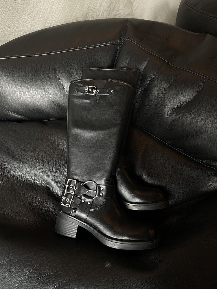 Cowhide version boots, long boots, women's thick soles, popular this year, Maillard western cowboy boots, retro knight boots