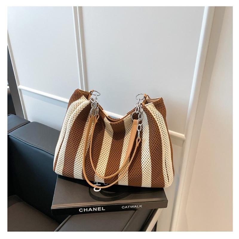 Contrasting Striped Woven Bag Women's New Commuter Shoulder Underarm Bag Vacation Wind Woven Tote Bag