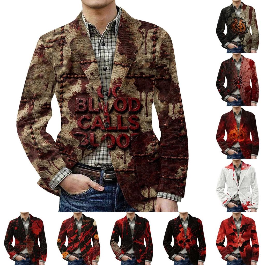 Herren Halloween Print Corduroy Warme Blazerjacke mit Taschen Lässiger Anzugmantel Knopfleiste Vorne Langarm Oberbekleidung