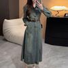 2025 Autumn Hong Kong Style Retro A-line Denim Dress: Slimming Waist-Cinch, Long Sleeve