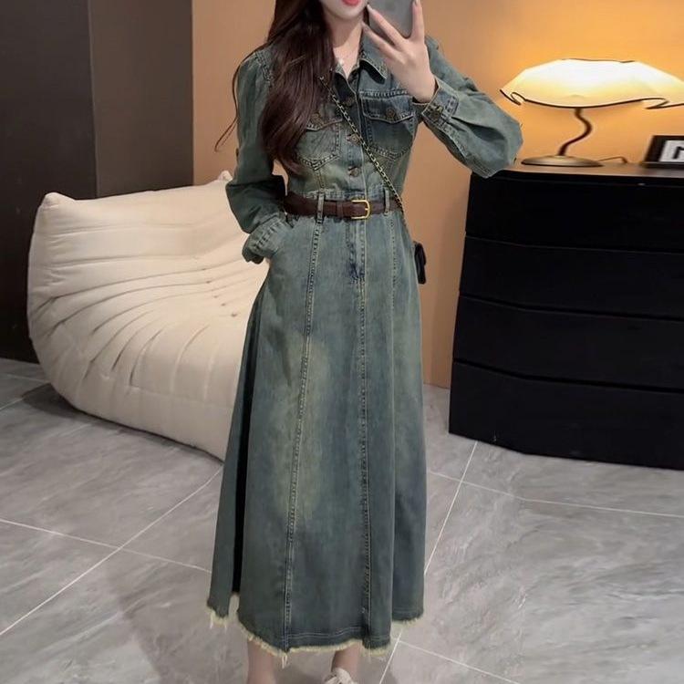 2025 Autumn Hong Kong Style Retro A-line Denim Dress: Slimming Waist-Cinch, Long Sleeve
